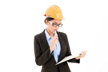 Genç çekici emin Asyalı kadın, turuncu Emanet şapka, cam