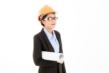 Genç çekici emin Asyalı kadın, turuncu Emanet şapka, cam