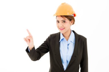 Genç emin Asyalı kadın, turuncu Emanet şapka, siyah takım elbise, mavi