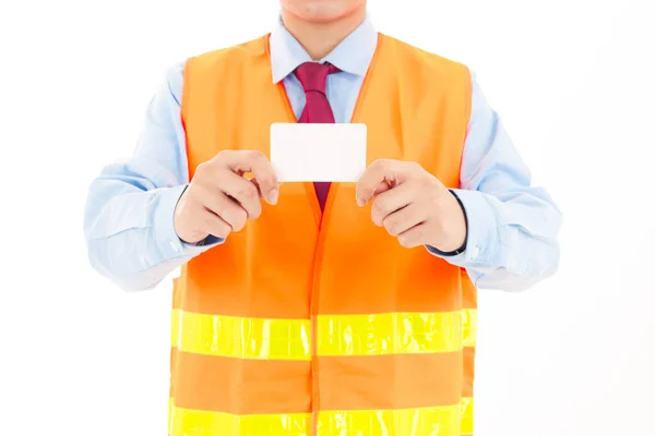 Young confident asian man, orange safety hat, orange safety jack — Stock Photo, Image
