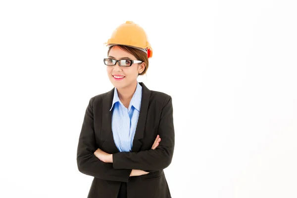 Unga attraktiva säker asiatisk kvinna, orange säkerhet hatt, glas — Stockfoto