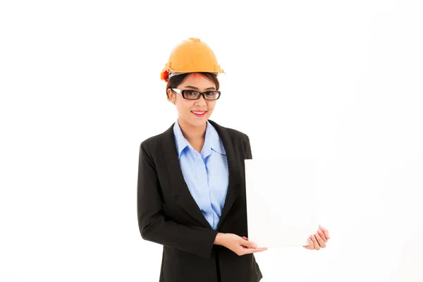 Unga attraktiva säker asiatisk kvinna, orange säkerhet hatt, glas — Stockfoto