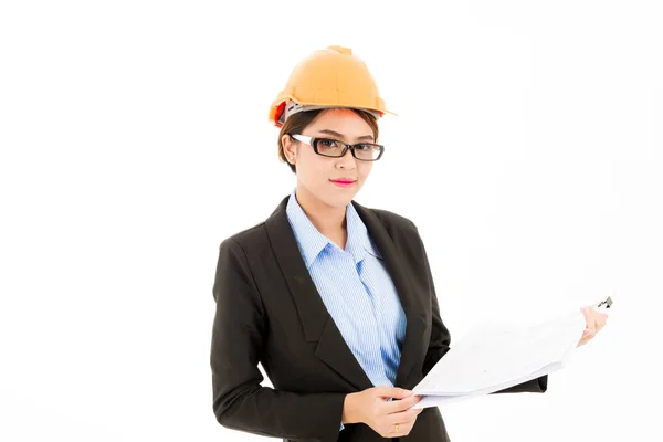 Unga attraktiva säker asiatisk kvinna, orange säkerhet hatt, glas — Stockfoto