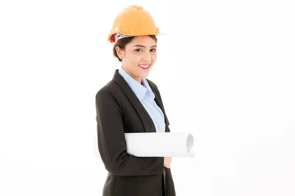 Unga attraktiva säker asiatisk kvinna, orange säkerhet hatt, svart — Stockfoto