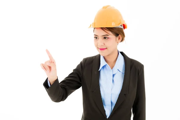 Ung självsäker asiatisk kvinna, orange säkerhet hatt, svart kostym, blå — Stockfoto