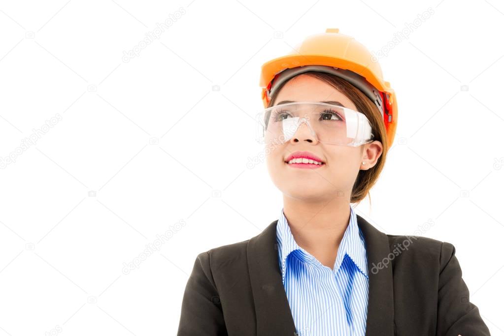 Young attractive confident smiling asian woman, orange safety ha