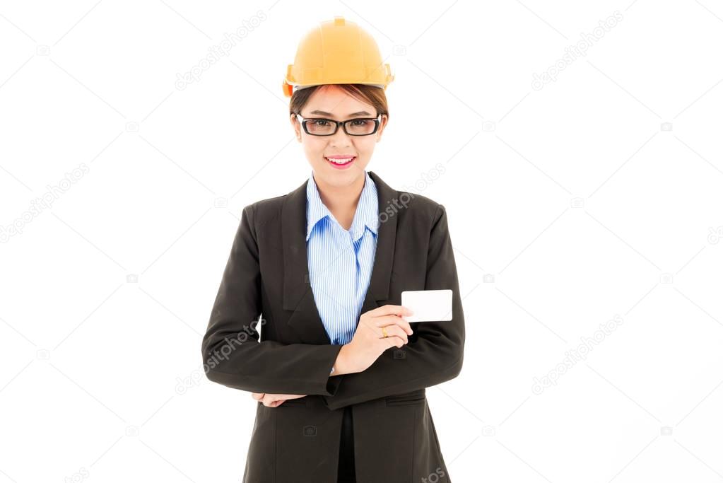 Young attractive confident asian woman, orange safety hat, glass