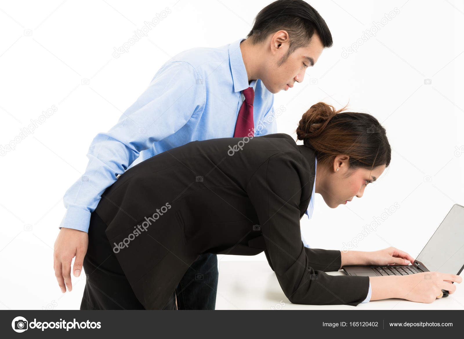 Young Confident Asian Office Employee Business Man Touching Bend
