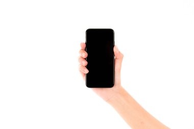 Bir akıllı telefon devic tutan güzel genç Asyalı kadın el kol
