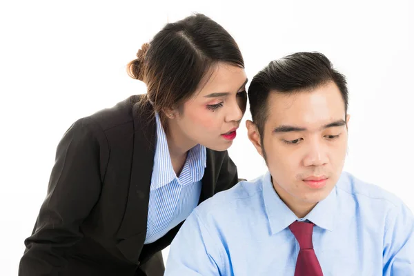Young confident Asian office employee business woman whisper clo — Stock Photo, Image