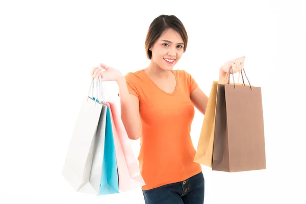 젊은 자신감 매력적인 아시아 오렌지 셔츠 여자 쇼핑 — 스톡 사진