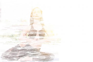 Güzel genç Asyalı kadın yoga yaparken yerleştirmek. Karışık teknik.