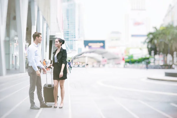 Young Business Leader Concept Young Business Man Woman Walking Street — Stock Photo, Image