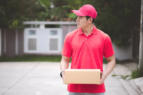 Young Logistic Career Concept Happy Delivery Man Looking His Customers — Stock Photo, Image