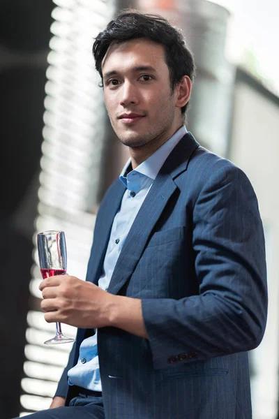 Portrait Young Man Holding Glass Sparkling Rose Wine Handsome Chinese — Stock Photo, Image