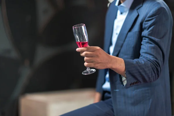 Portrait Young Man Holding Glass Sparkling Rose Wine Handsome Chinese — Stock Photo, Image