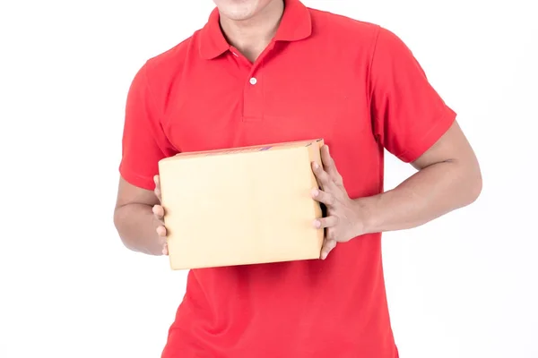 Young Logistic Career Concept Happy Delivery Man Box Isolated White — Stock Photo, Image