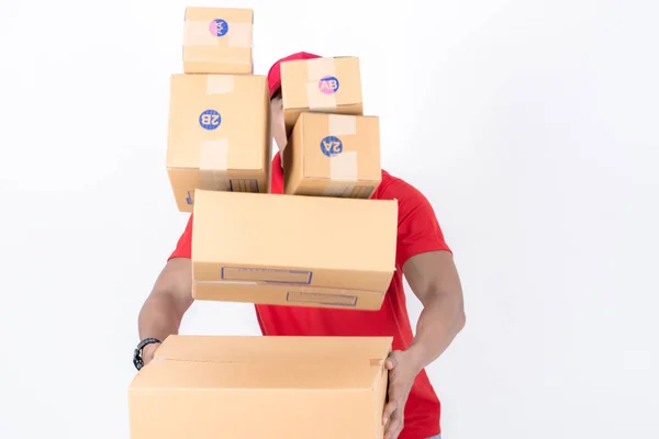 Young Logistic Career Concept Happy Delivery Man Carry Too Much — Stock Photo, Image