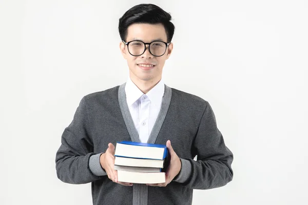 Nerd Estudiando Duro Joven Empollón Asiático Con Gafas Sosteniendo Libros — Foto de Stock