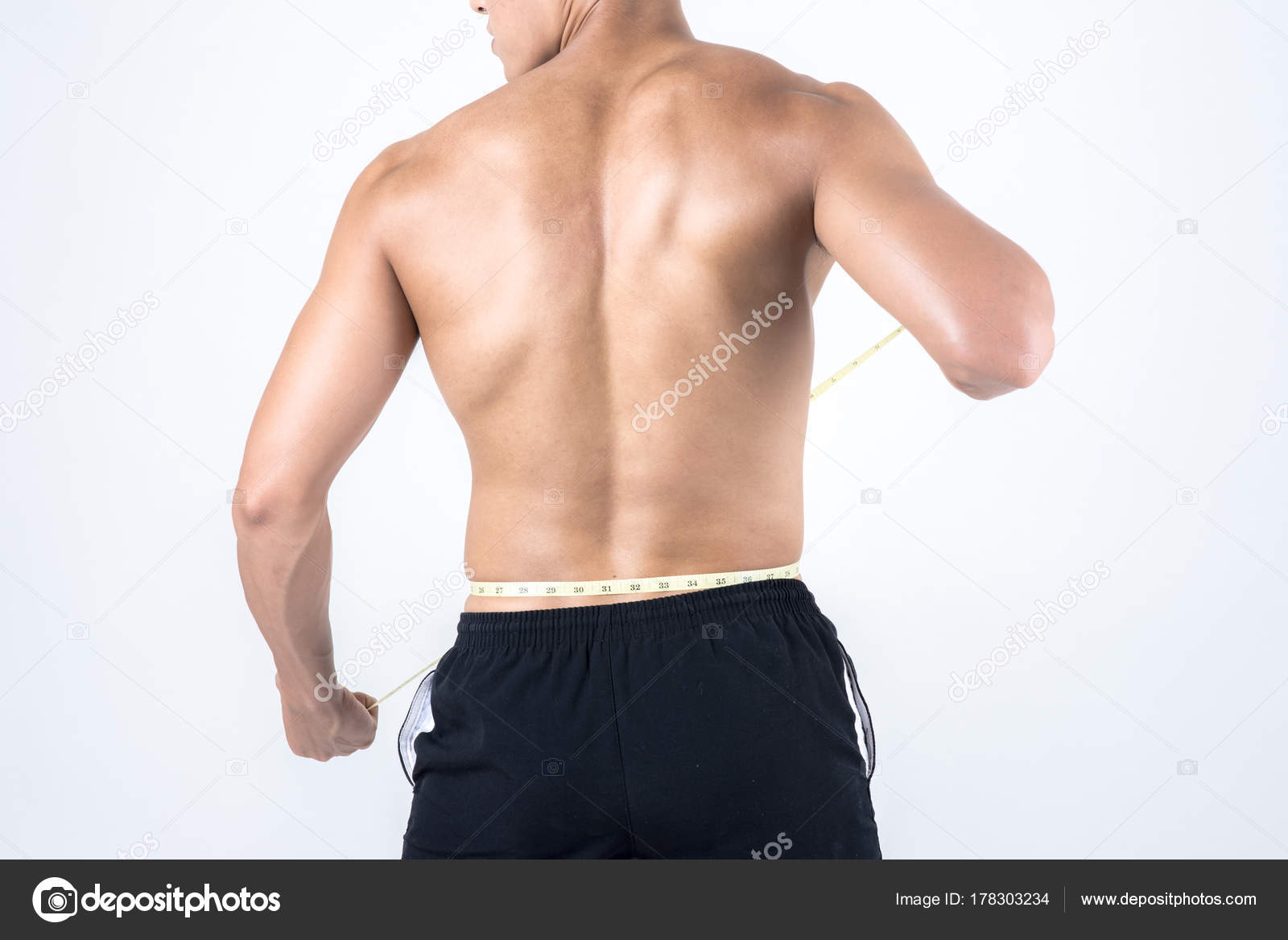 Fitness Health Concept Fit Sport Man Measuring Waist Check