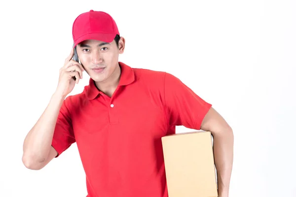 Young Logistic Career Concept Happy Delivery Talking Customer His Phone — Stock Photo, Image