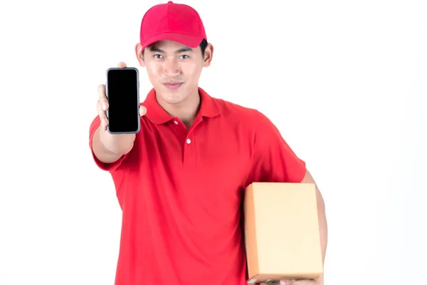 Young Logistic Career Concept Happy Delivery Holding Phone Front Isolated — Stock Photo, Image