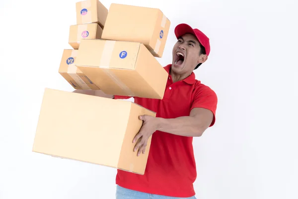 Young Logistic Career Concept Happy Delivery Man Carry Too Much — Stock Photo, Image