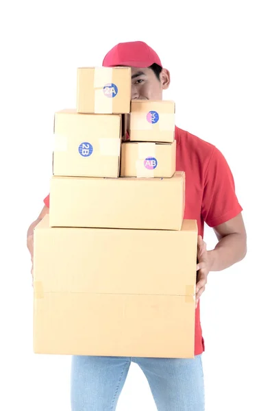 Young Logistic Career Concept Happy Delivery Man Box Isolated White — Stock Photo, Image