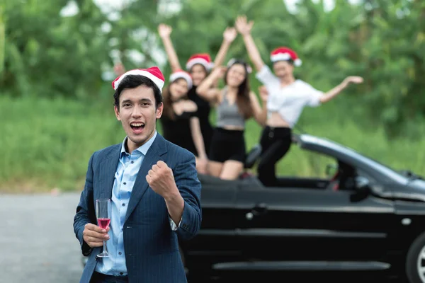 Christmas Playboy Party Concept Young White Male Stand Side Convertible — Stock Photo, Image