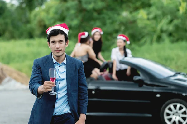 Christmas Playboy Party Concept Young White Male Stand Side Convertible — Stock Photo, Image