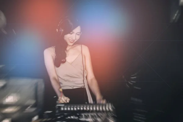 Woman Party Concept Young Chinese Woman Mixing Music Colorful Background — Stock Photo, Image