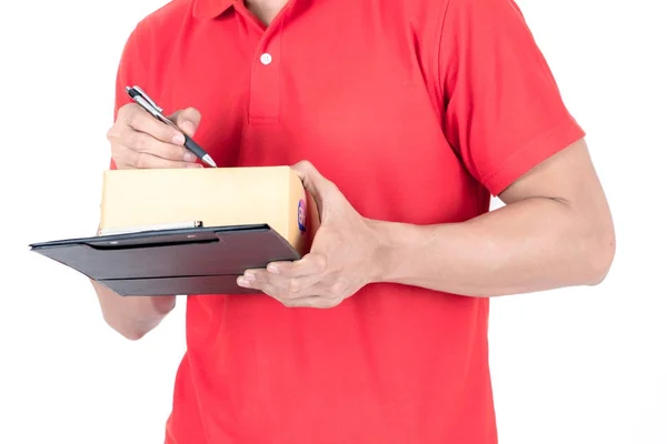 Joven Concepto Carrera Logística Feliz Repartidor Con Caja Tomando Notas — Foto de Stock