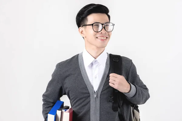 Nerd Estudiando Duro Joven Empollón Asiático Con Gafas Sosteniendo Libros — Foto de Stock