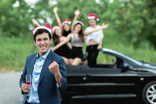 Christmas Playboy Party Concept Young White Male Stand Side Convertible — Stock Photo, Image