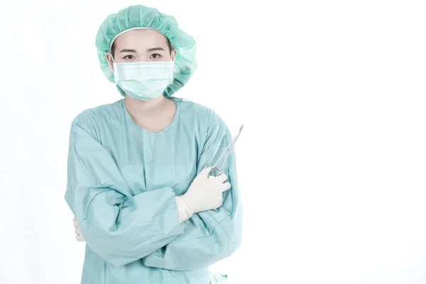 Conceito Profissional Carreira Médica Jovem Cirurgiã Chinesa Com Máscara Boné — Fotografia de Stock