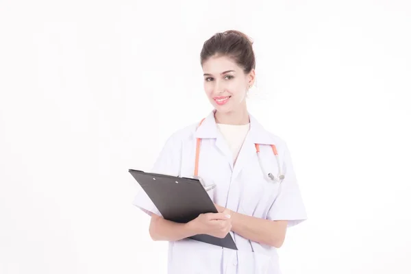 Conceito Profissional Carreira Médica Médica Jovem Com Estetoscópio Pano Branco — Fotografia de Stock