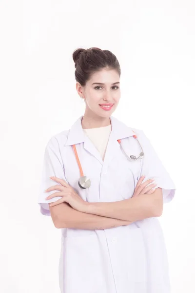 Концепция Профессиональной Медицинской Карьеры Молодая Женщина Врач Стетоскопом Белое Полотно — стоковое фото