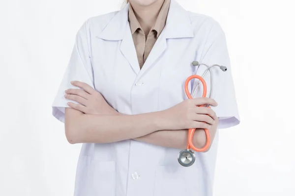 Concepto Profesional Carrera Médica Doctora Joven Con Estetoscopio Tela Blanca — Foto de Stock