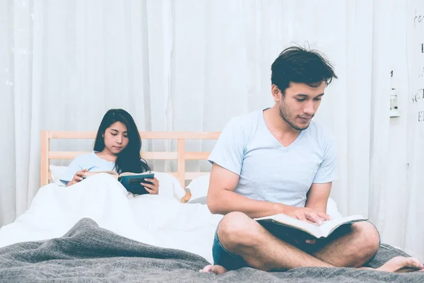 Mixed Race Lovers Concept Young White Male Reading Book His — Stock Photo, Image
