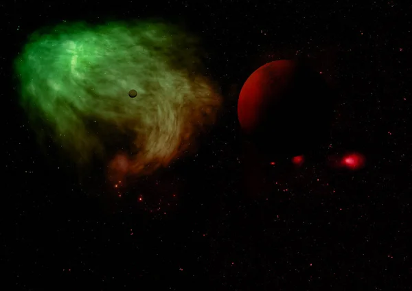 Far-out planets in a space against stars and nebula. 3D rendering. — Stock Photo, Image