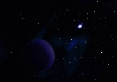 Yıldızlara karşı uzayda bir gezegen. 3B görüntüleme.