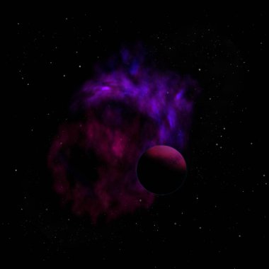 Gezegenler yıldızlara ve nebulaya karşı bir uzayda. Bu görüntünün elementleri NASA tarafından döşenmiştir. 3B görüntüleme.