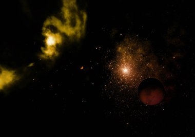 Yıldızlara karşı uzayda bir gezegen. 3B görüntüleme.