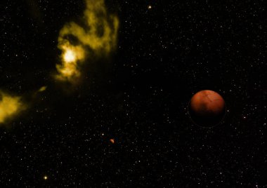 Yıldızlara karşı uzayda bir gezegen. 3B görüntüleme.