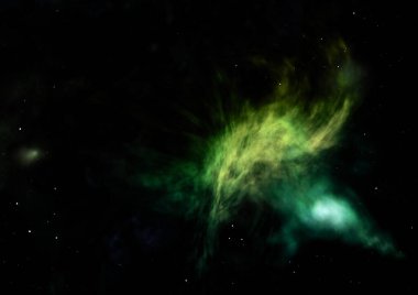 Uzaya karşı parlayan nebula ve yıldız alanı. Bu görüntünün elementleri NASA tarafından döşenmiştir. 3B görüntüleme.