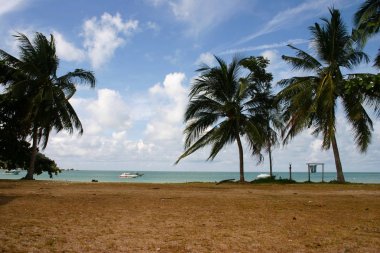 Kumsal üzerinde harika bir manzara. Güzel mavi sk bulutlarda