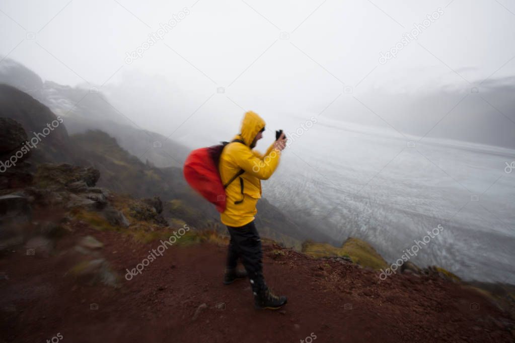 Hiking to the glacier. Tough, cold and wet weather. 