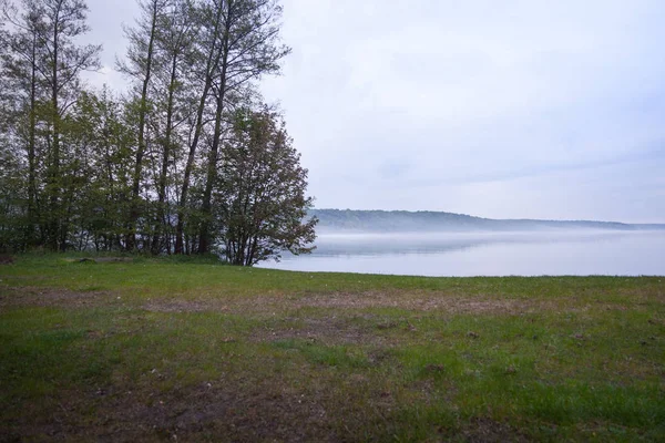 안개와 나무와 호수에 안개와 함께 비가 오는 날씨 — 스톡 사진