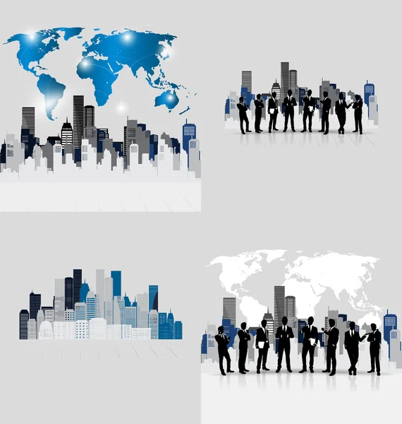 Business people silhouettes with building background. Vector ill — Stock Vector