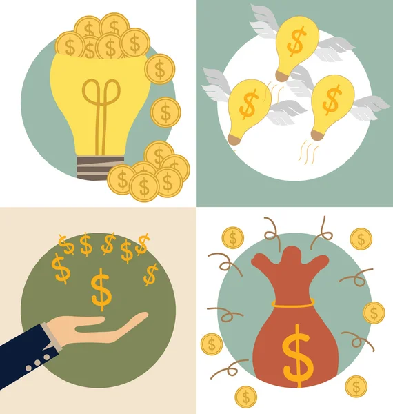 Concept d'entreprise. Ampoule et sac d'économie d'argent avec argent coi — Image vectorielle